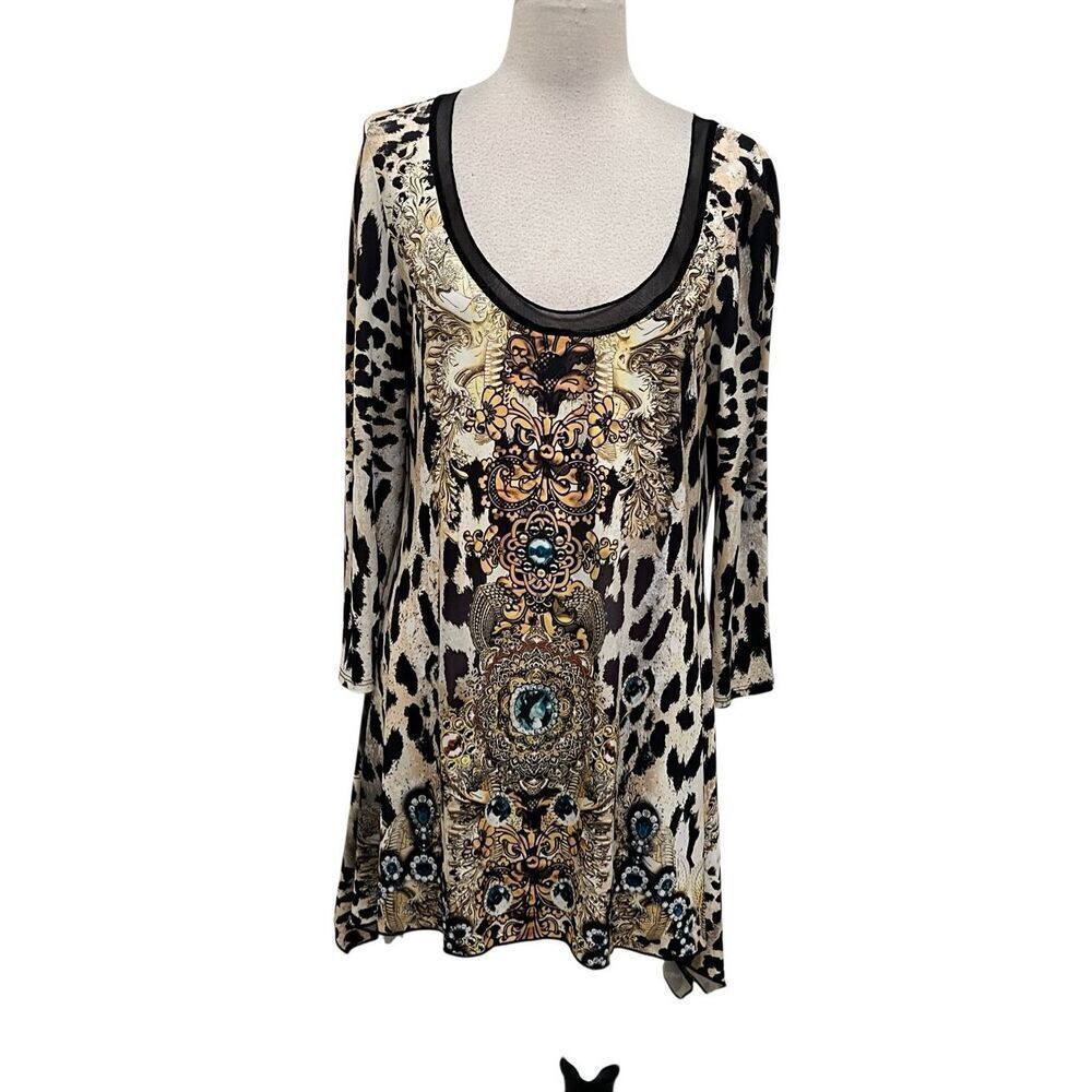 From The Heart Women's Animal Print Scoop Neck Trudy Tunic Top Brown Tan Medium